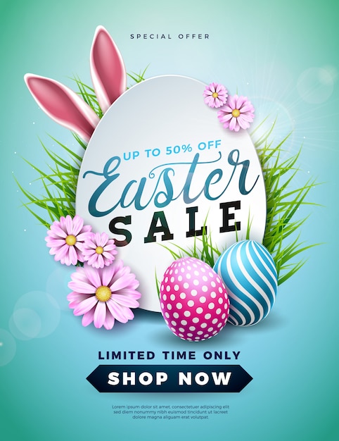 Illustration de vente de Pâques avec des oreilles d&#39;oeufs et de lapin peints en couleur