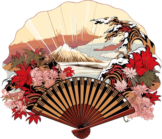 Vecteur illustration d'un ventilateur japonais avec des fleurs et des montagnes en arrière-plan