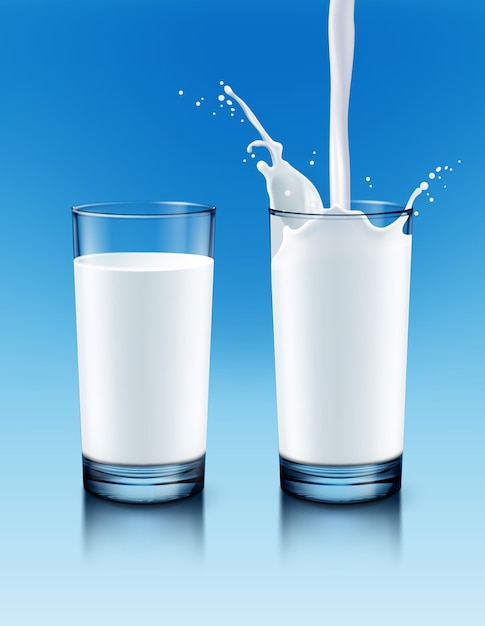 Illustration De Verre Transparent Complet Réaliste Et Verser Du Lait Avec Des éclaboussures