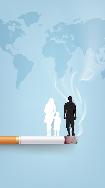 illustration verticale de cigarettes et d'une famille à l'occasion de la Journée mondiale contre le tabagisme