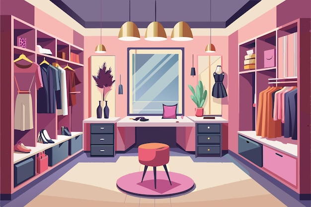 Vecteur illustration d'un vestiaire élégant avec des murs roses avec un grand miroir un bureau avec un ordinateur portable un tabouret en peluche et divers vêtements et accessoires bien organisés