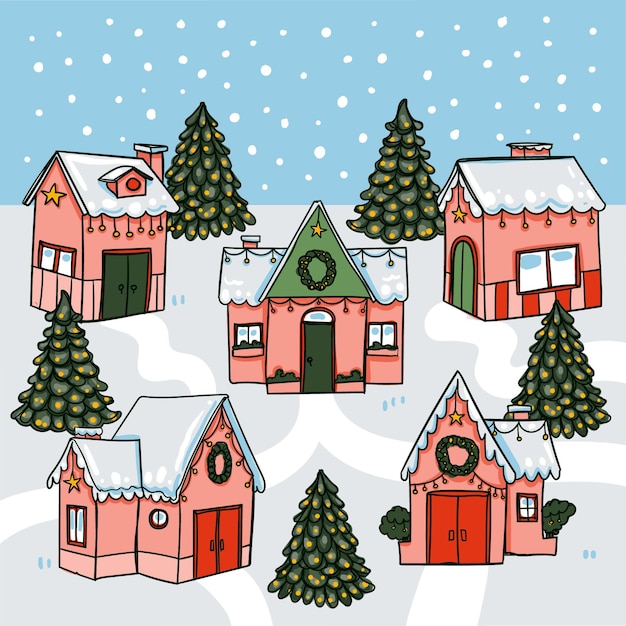 Vecteur illustration de village de noël dessiné à la main