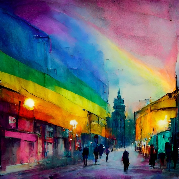 Illustration d'une ville aux couleurs de l'arc-en-ciel LGBT