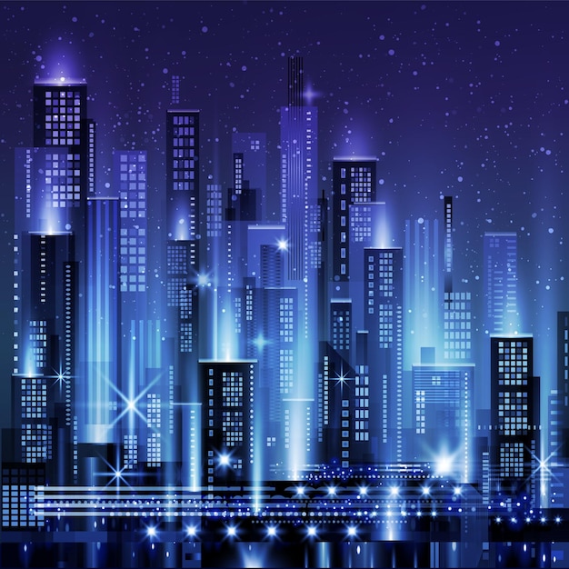 Illustration de la ville de nuit avec une lueur au néon