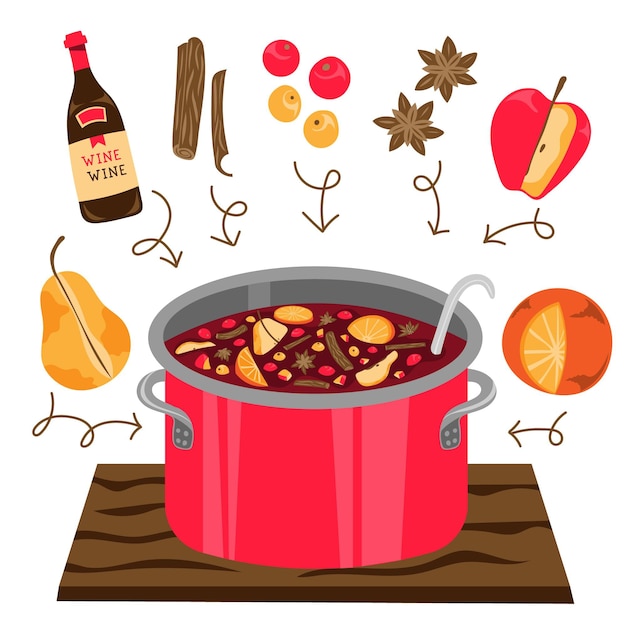 Illustration de vin chaud plat dessiné à la main