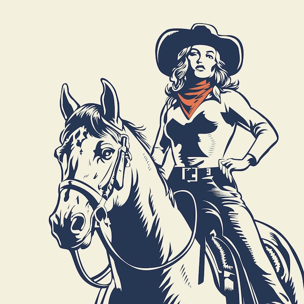 Illustration vintage d'une cow-girl à cheval sur un cheval sauvage