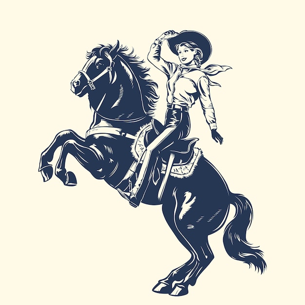 Illustration vintage d'une cow-girl à cheval sur un cheval sauvage