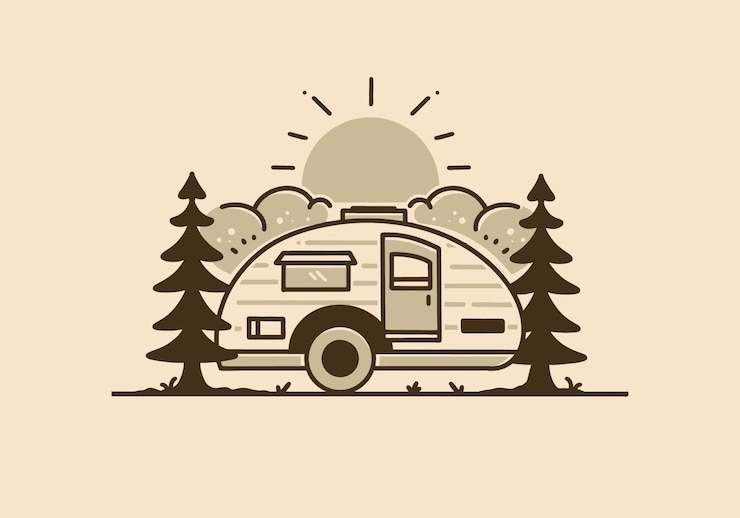 Vecteur illustration vintage du camping-car en forme de larme parmi les pins