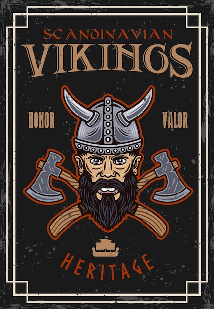 Vecteur illustration vintage vectorielle de l'affiche des vikings dans un style coloré avec des textures grunge sur des couches séparées