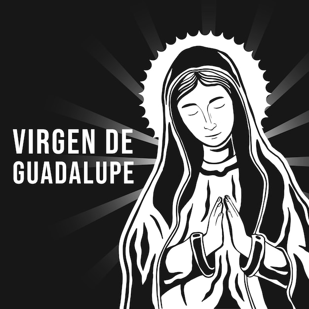 Vecteur illustration de la virgen de guadalupe dessinée à la main en noir blanc