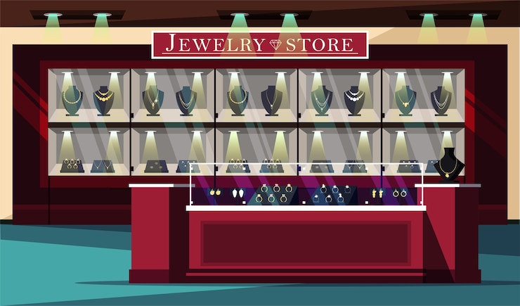 Vecteur illustration de vitrine de magasin de bijoux, mise en page d'affiche publicitaire de boutique de bijouterie et de gemmes.