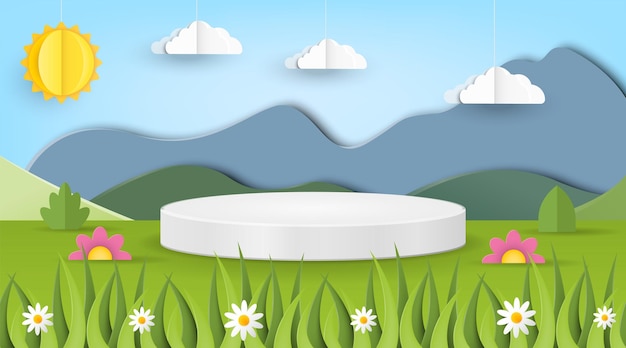 Une illustration vivante du paysage découpé sur papier avec de beaux nuages et un soleil brillant