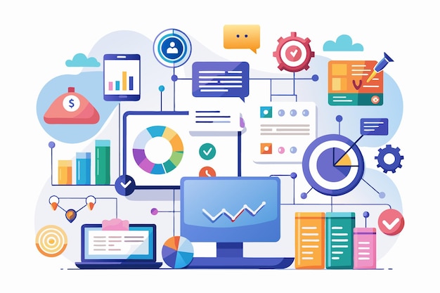 Une illustration vivante montrant un processus d'analyse de données commerciales moderne avec des graphiques et des éléments numériques pour la visualisation des données
