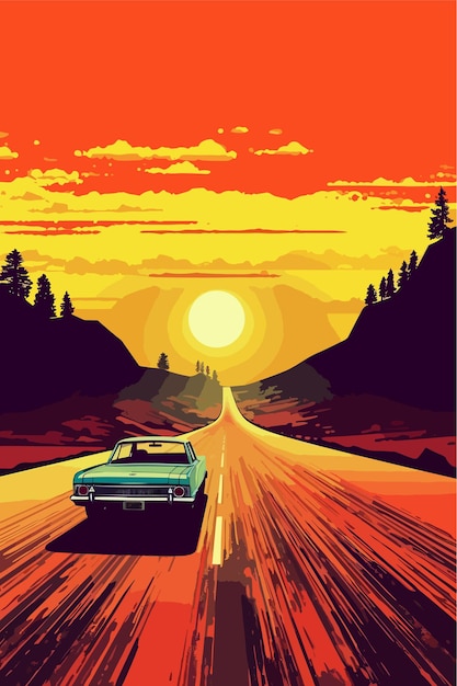 illustration d'une voiture roulant sur la route au coucher du soleil