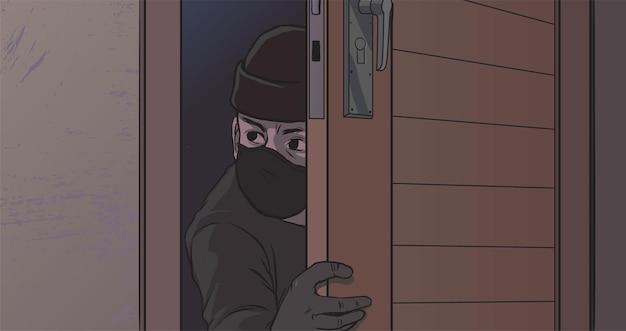 Vecteur illustration d'un voleur qui se faufile par la porte