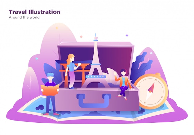 Illustration De Voyage Avec Groupe De Personnes, Style Moderne, Design Plat