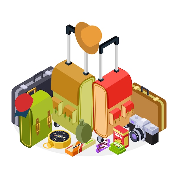 Illustration De Voyage Isométrique. Bagages, Valises, Sac à Dos Et Accessoires De Randonnée