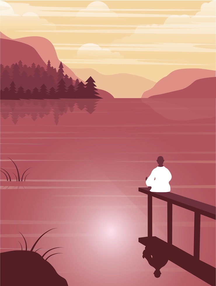 Vecteur illustration d'un yogi méditant sur l'air frais dans la nature au bord du lac en arrière-plan
