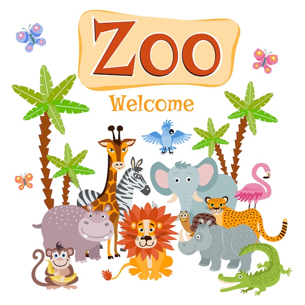 Vecteur illustration de zoo avec des animaux de safari de dessins animés sauvages