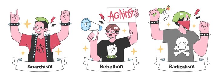 Vecteur des illustrations sur l'anarchisme et la rébellion capturant l'essence du radicalisme avec une vivacité