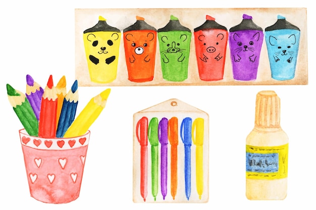 Illustrations à L'aquarelle De Fournitures Scolaires Clipart De Papeterie