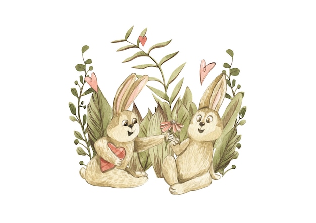 Illustrations à l'aquarelle de lapins amoureux dans l'herbe