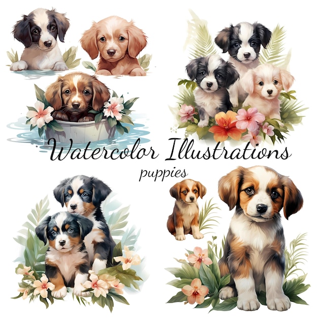 Illustrations à l'aquarelle de mignons chiots avec des fleurs et des feuilles