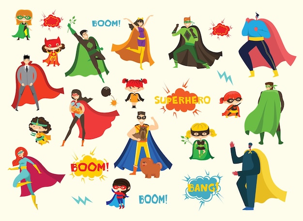 Illustrations Au Design Plat De Super-héros Féminins Et Masculins En Costume De Bande Dessinée Drôle