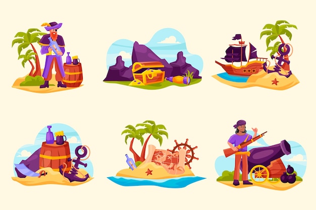 Vecteur illustrations d'aventure pirate au design plat