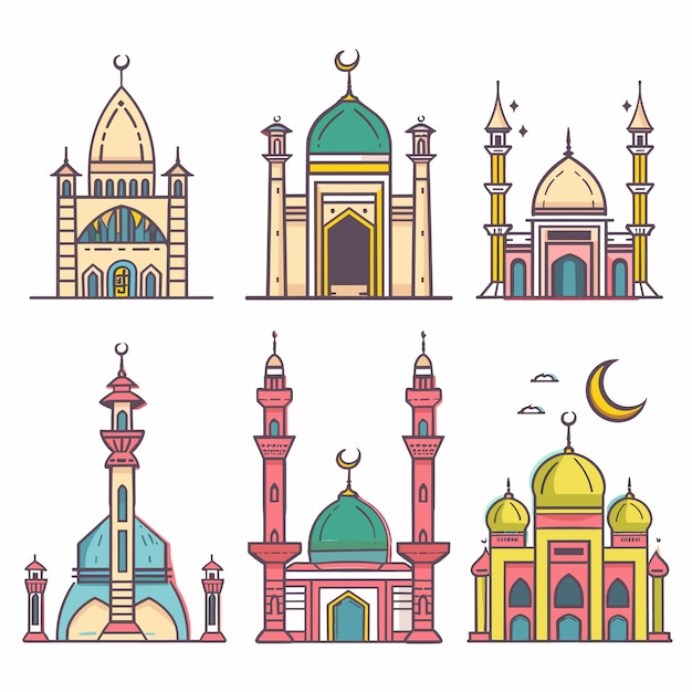 Des illustrations colorées de mosquées, une architecture islamique détaillée, un croissant, une lune, des étoiles, un design plat.