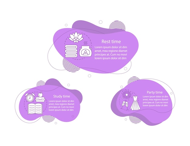 Illustrations De Concept De Routine Quotidienne Des étudiants Modèle D'infographie De La Fête D'étude Et Du Temps De Repos éléments Fluides Avec Du Texte Et Des Icônes Linéaires Trois étapes De Bulles Ondulées Bannière De Présentation Rapport Cliparts