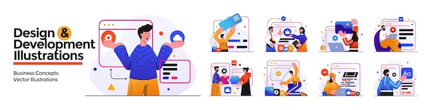 Illustrations de conception et de développement définies dans un style design plat