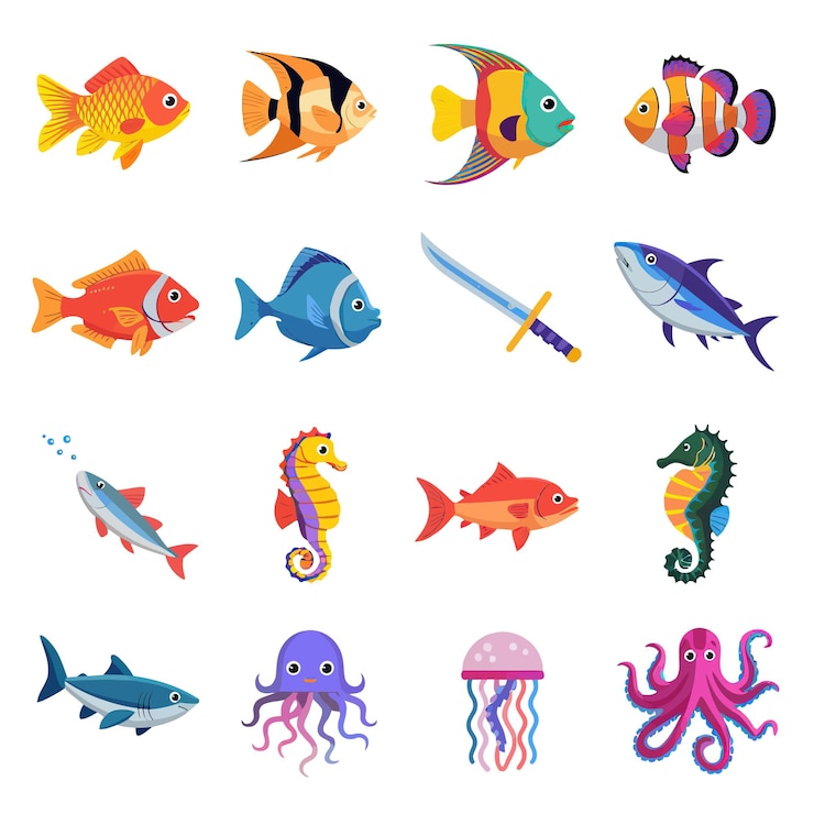 Vecteur illustrations conception vectorielle pour la plage de mer créatures marines icône épée queue poisson éléments de conception
