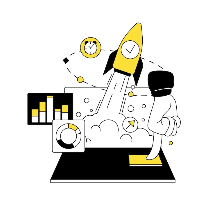Vecteur illustrations de concepts d'affaires lancement d'un projet de démarrage d'entreprise lancement réussi d'une idée de fusée
