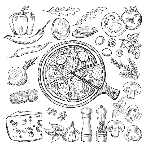 Vecteur illustrations de la cuisine italienne classique. pizza et différents ingrédients. set de restauration rapide