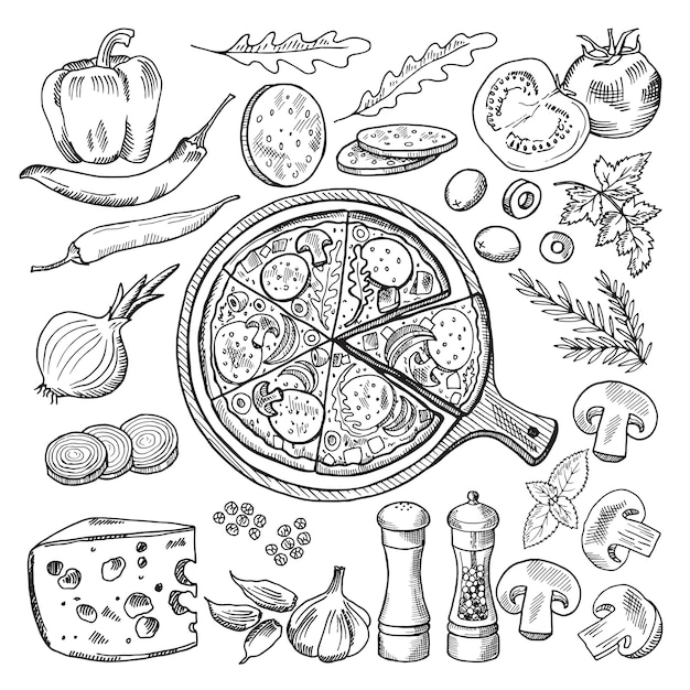 Illustrations de la cuisine italienne classique. Pizza et différents ingrédients. Set de restauration rapide