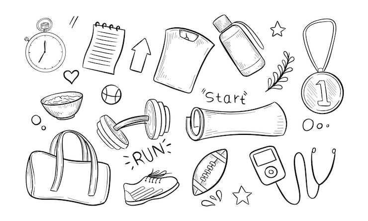 Vecteur illustrations dessinées à la main d'équipements de remise en forme et de sport