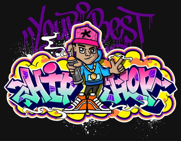 Vecteur illustrations de dessins animés de graffitis aux couleurs vives street art hiphop graffiti design de personnages