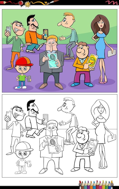 Illustrations De Dessins Animés D'un Groupe De Personnages Drôles Avec Des Appareils Intelligents, Page à Colorier