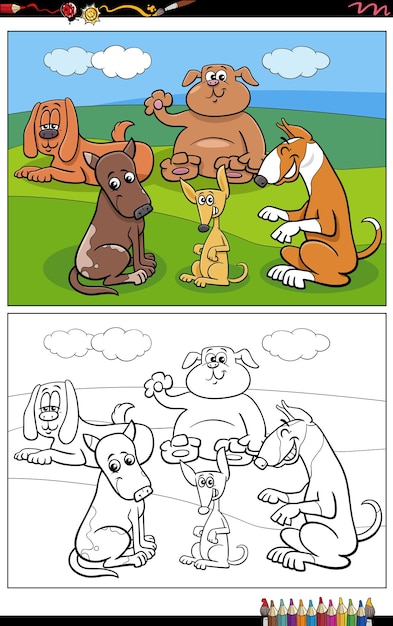 Illustrations De Dessins Animés De Groupes De Personnages Animaux Drôles De Chiens Et De Chiots Dans Le Parc à Colorier