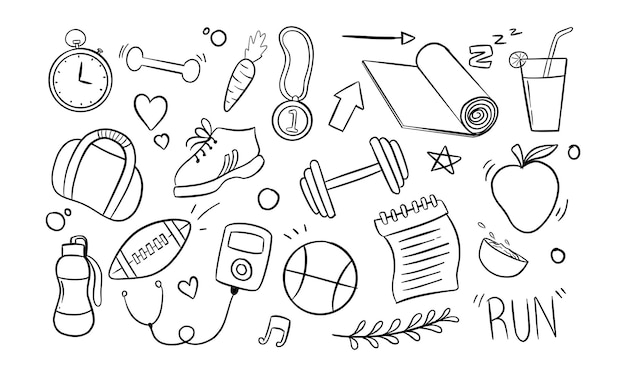Illustrations de Doodle dessinées à la main d'articles de fitness, de santé et de bien-être