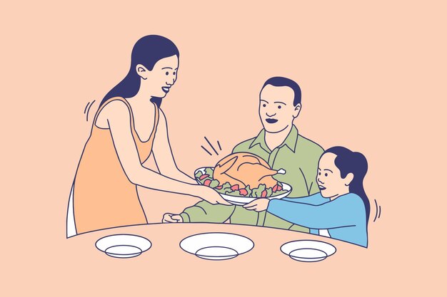 Illustrations De La Famille Heureuse Mangez De La Turquie Pour Le Concept De Conception De Thanksgiving Day