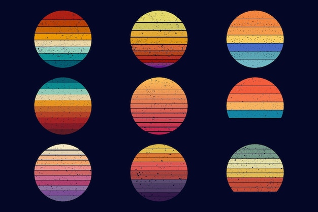 Illustrations de fond en couleur vintage rétro Set de forme de 9 pièces Collection de coucher de soleil vintage des années 70 80