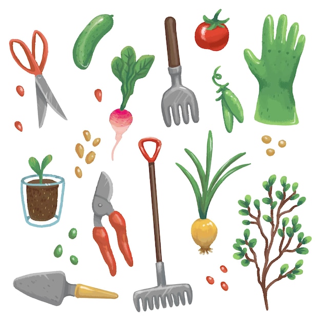 Illustrations d'outils de jardin, de légumes et de plantes. gants, râteau, ciseaux, sécateur, pelle, oignon, graines, pois, arbrisseau, concombre, radis, germe en pot, tomate