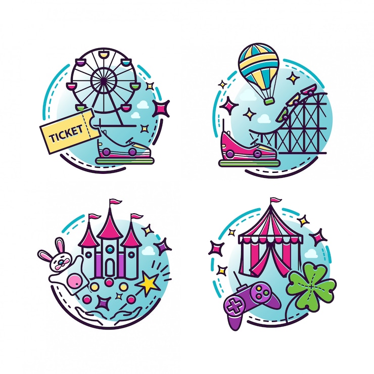 Vecteur illustrations de parc d'attractions, icônes de contour