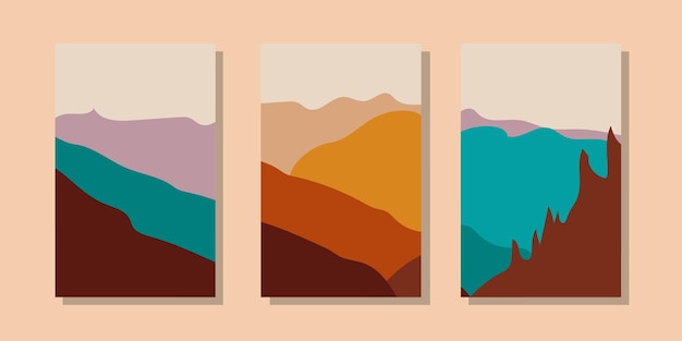 Illustrations De Paysages Abstraits Minimalistes à La Mode. Ensemble D'affiches Artistiques Contemporaines Dessinées à La Main.