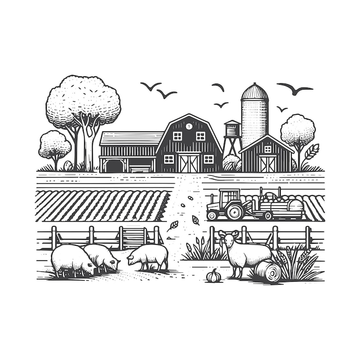Vecteur illustrations de paysages de ferme dessinées à la main