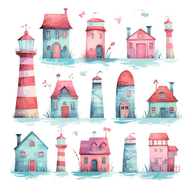 Illustrations de phares sertie de maisons de bord de mer en vecteur de coclors bleu et rose