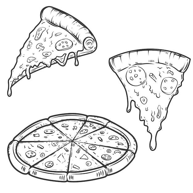 Vecteur illustrations de pizza sur fond blanc. éléments pour logo, étiquette, emblème, signe, menu. illustration.