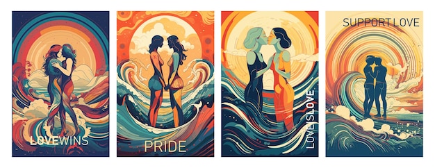 Des illustrations vectorielles de la fierté LGBTQ du couple gay et lesbienne pour la conception d'une affiche de carte de vœux